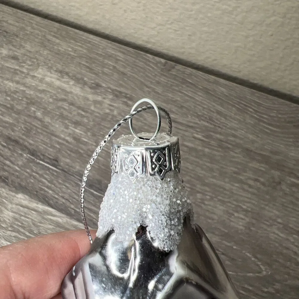 Hand Blown Glass White Silver Glitter House Church Christmas Ornament 6